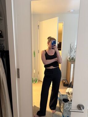 Navy Pinstripe Wide-Leg Pants - Women's